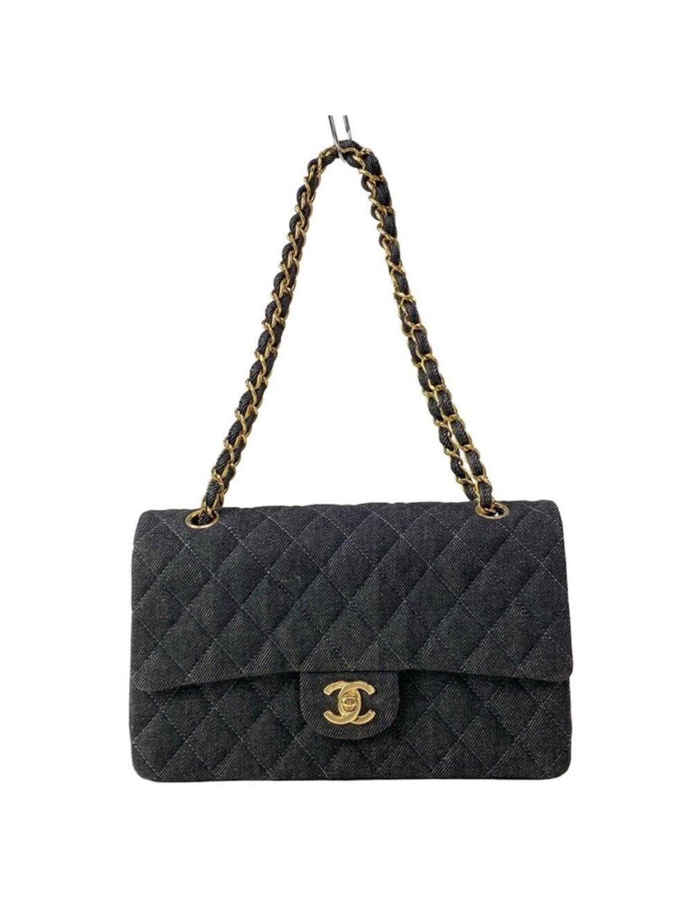 Chanel Shoulder Bag Double Flap Quilted Black Chain Gold